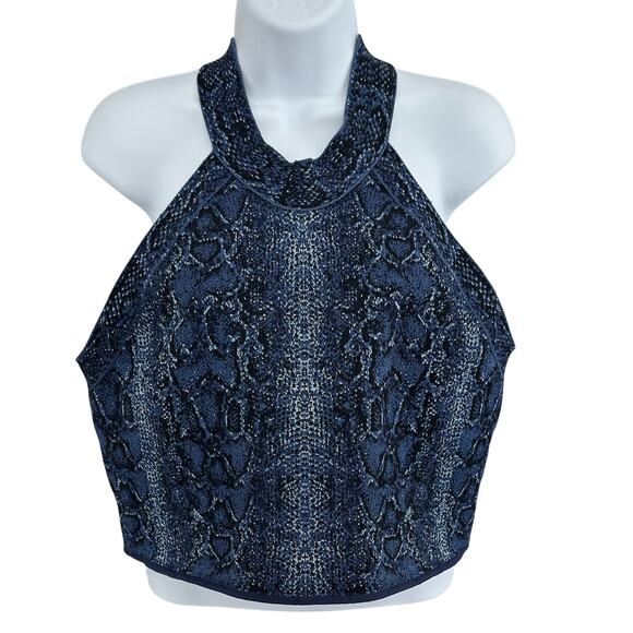 BCBG Maxazria Halter Neck Crop Top XL Blue Black Snakeskin Print Y2K Aesthetic - Picture 2 of 6
